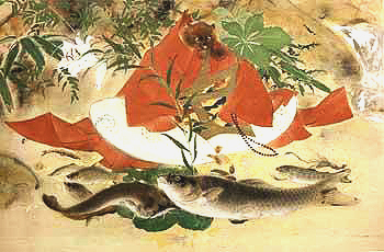 獺祭酒廠所在地[獺越]的由來，獺祭的詞義有，河獺會將捕獲的魚貝排在岸上 示意圖