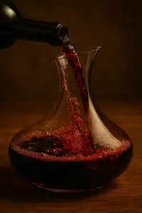一個動感十足的畫面，酒液正從瓶口傾瀉而出，在寬大的醒酒器內壁上飛濺，捲入大量空氣。這個畫面生動地詮釋了「暴力醒酒」以加速氧化的概念。
