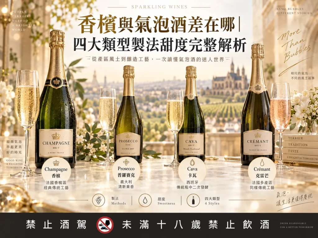 香檳與氣泡酒差在哪｜四大類型製法甜度完整解析