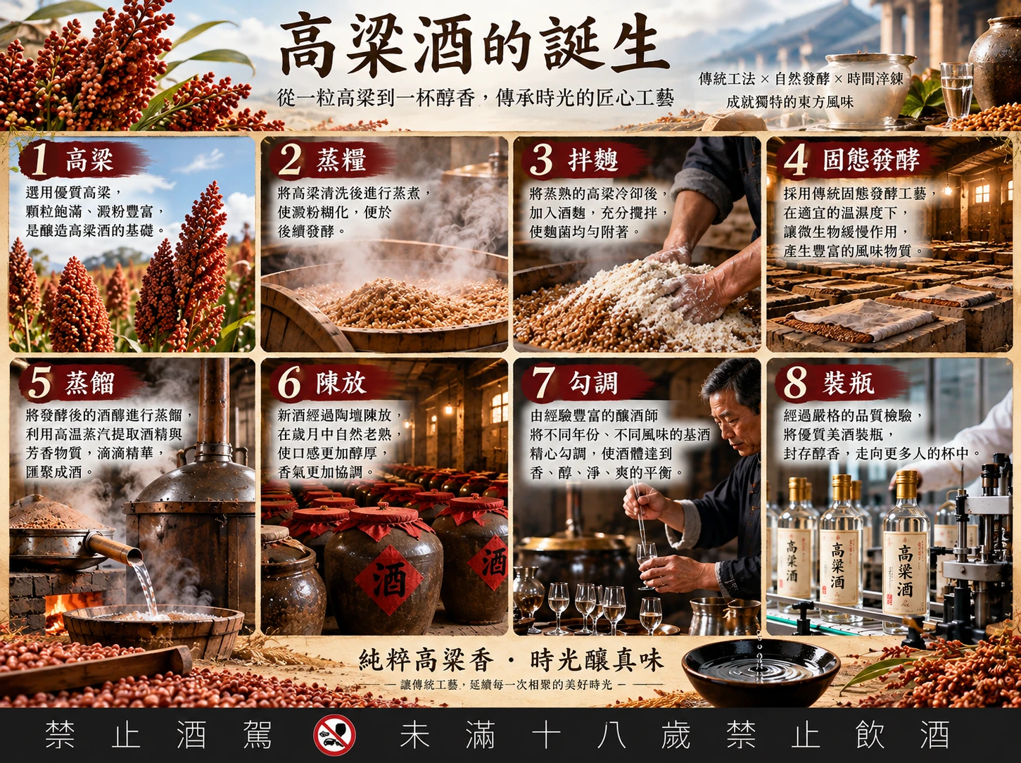 高粱 → 蒸糧 → 拌麴 → 固態發酵 → 蒸餾 → 陳放 → 勾調 → 裝瓶